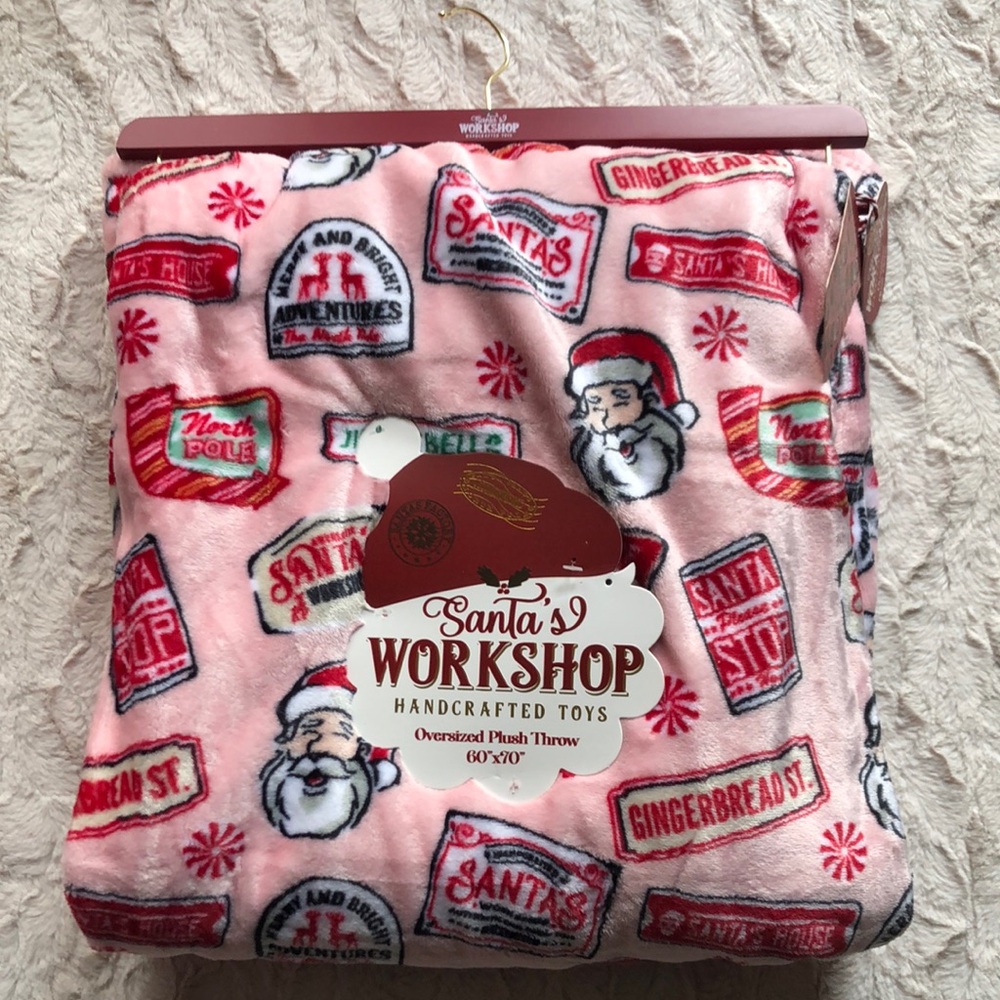 Santa's Workshop Pink Plush Throw Blanket NEW